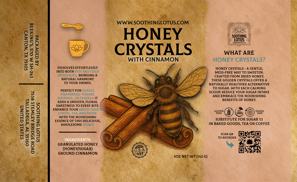 Honey crystals with cinnamon packaging featuring a bee illustration and text.