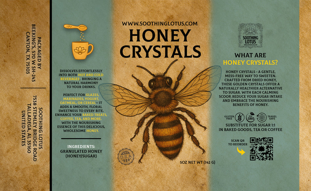 Honey crystals packaging with bee illustration and text on a brown and green background