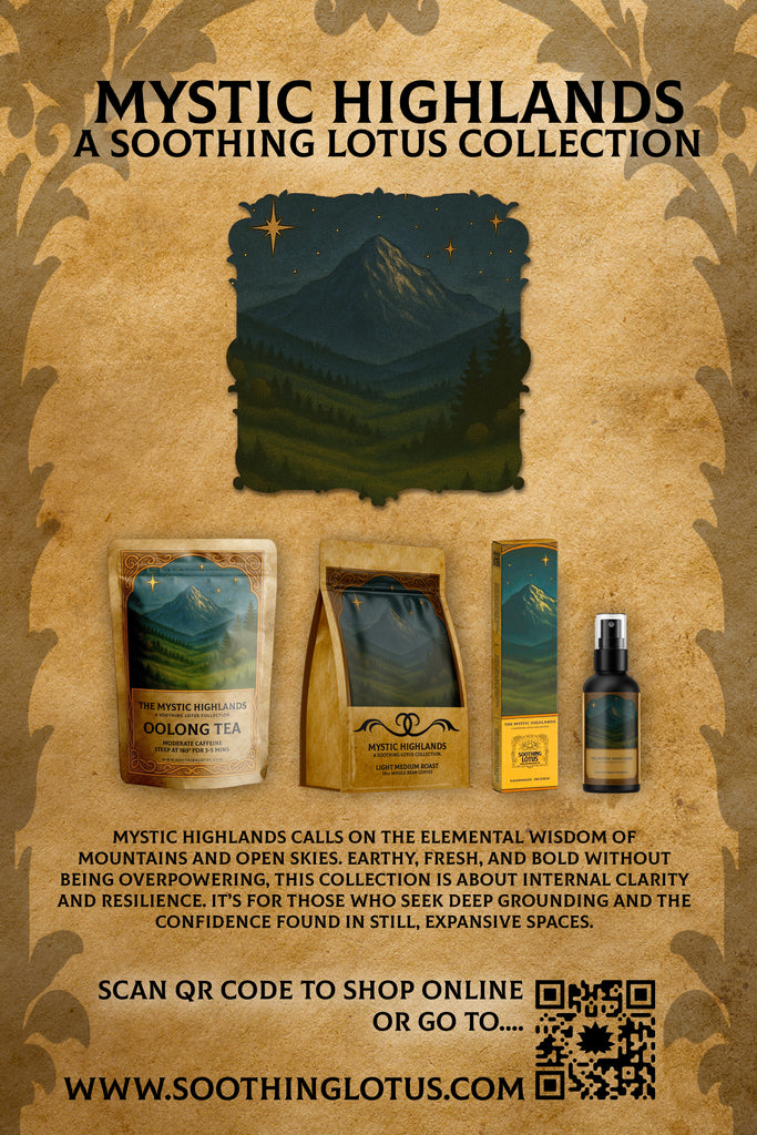 Advertisement for Mystic Highlands Soothing Lotus Collection with product images and branding.