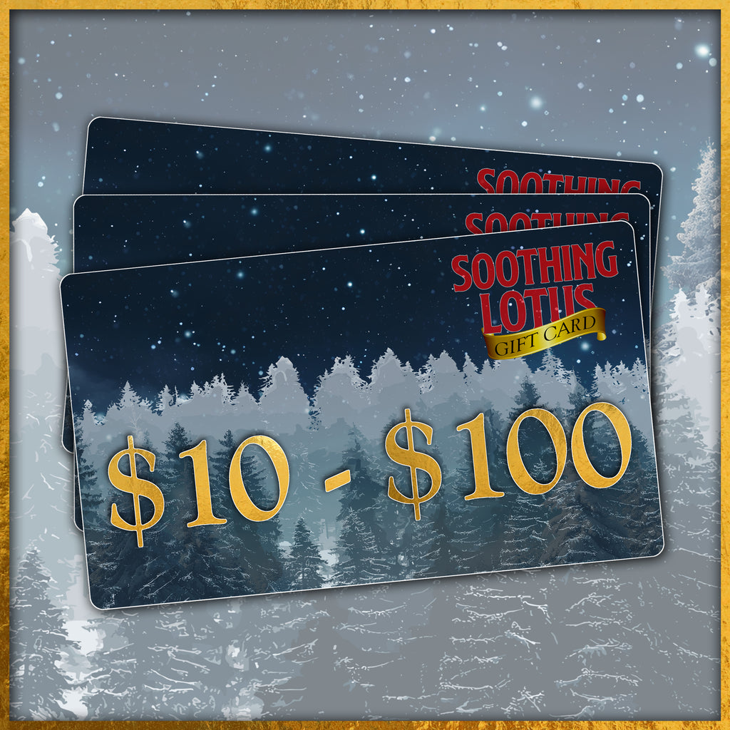 Soothing Lotus gift cards with a forest design on a snowy background