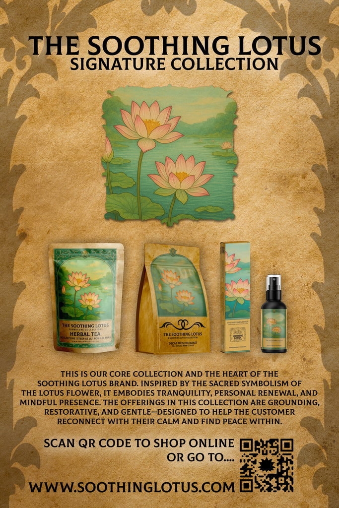 Advertisement for The Soothing Lotus Signature Collection with packaging and a QR code on a textured background.