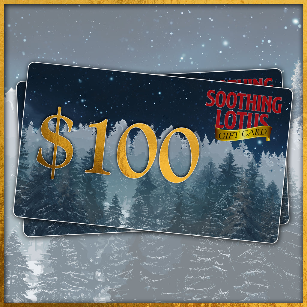 Two 'Soothing Lotus' gift cards with a snowy landscape design and $100 value.