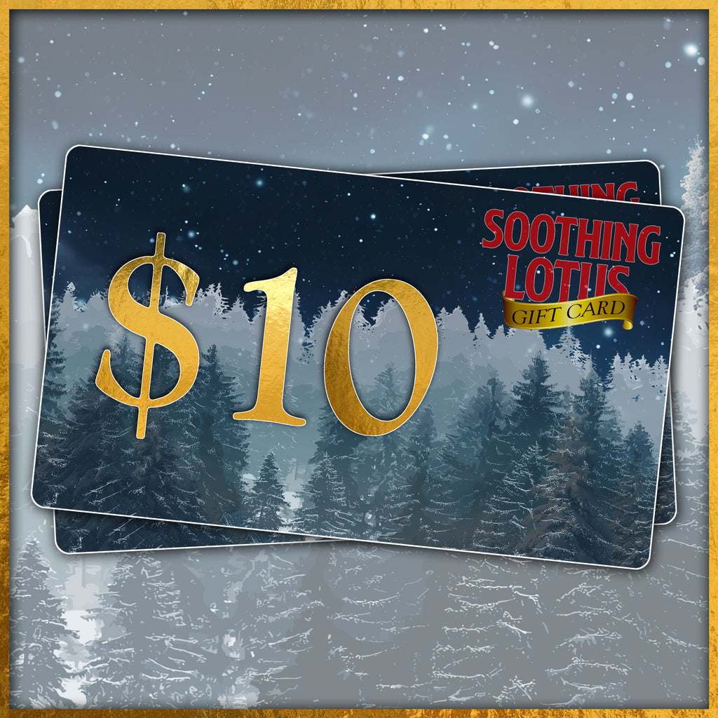 Two 'Soothing Lotus' gift cards with a $10 value on a snowy landscape background.
