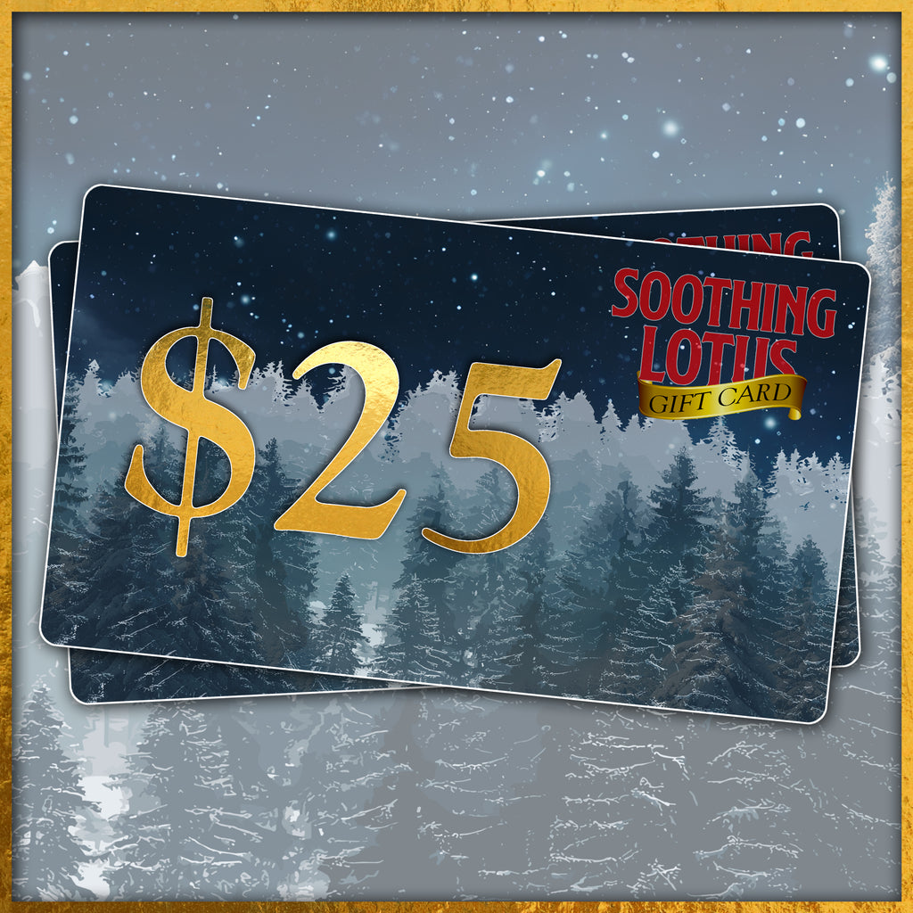 Two 'Soothing Lotus' gift cards with a $25 value on a snowy background.