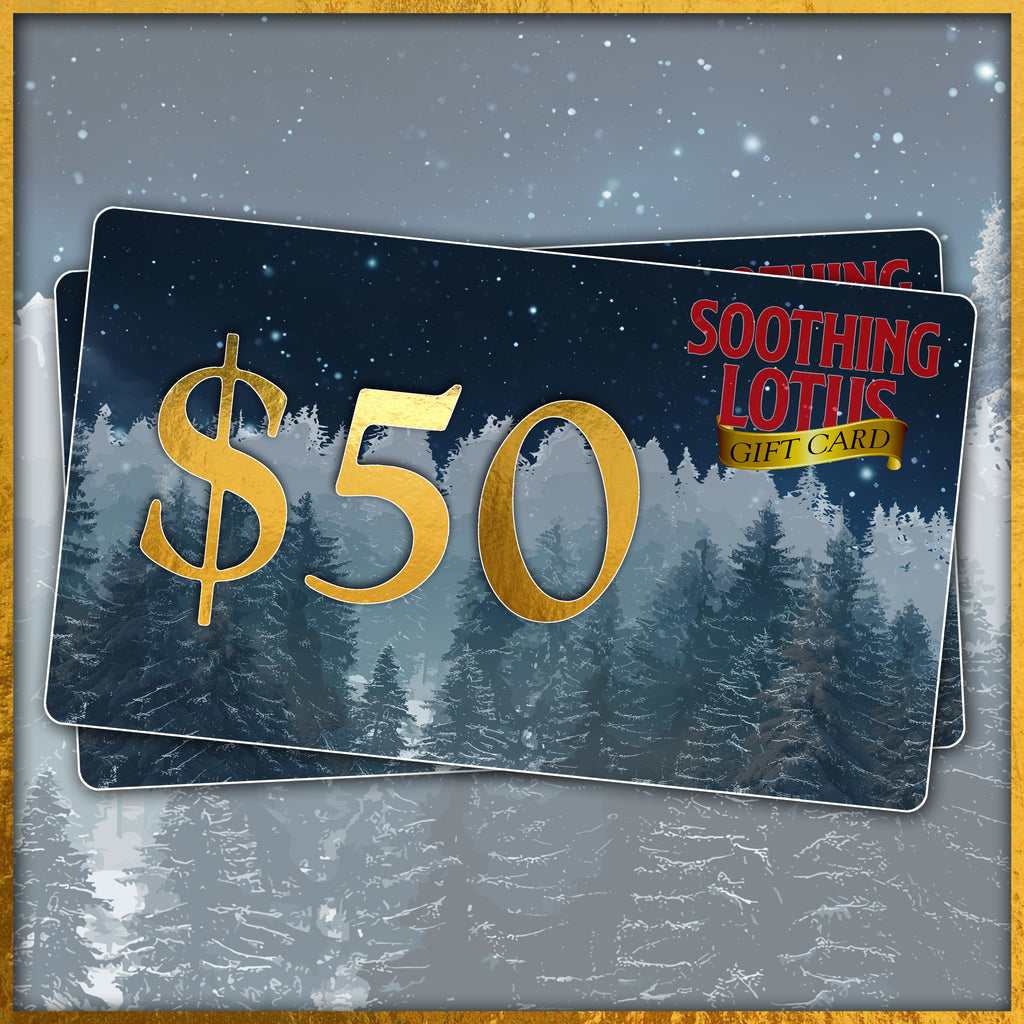 Two gift cards with a $50 value on a snowy landscape background