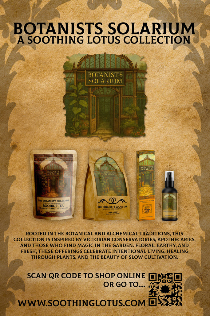 Advertisement for Botanists Solarium Soothing Lotus Collection with product images and text on a textured background.