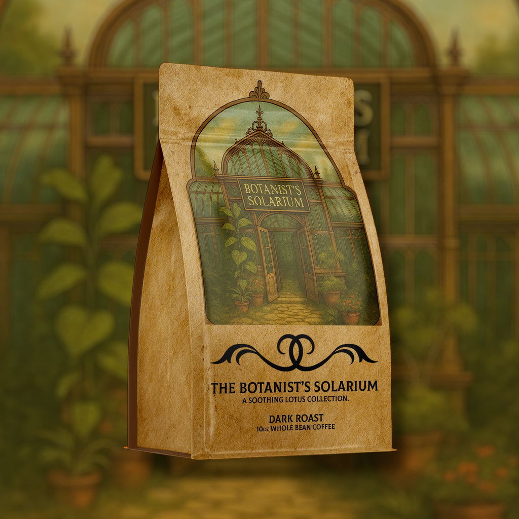 soothing lotus Coffee package with 'The Botanist's Solarium' design on a garden background