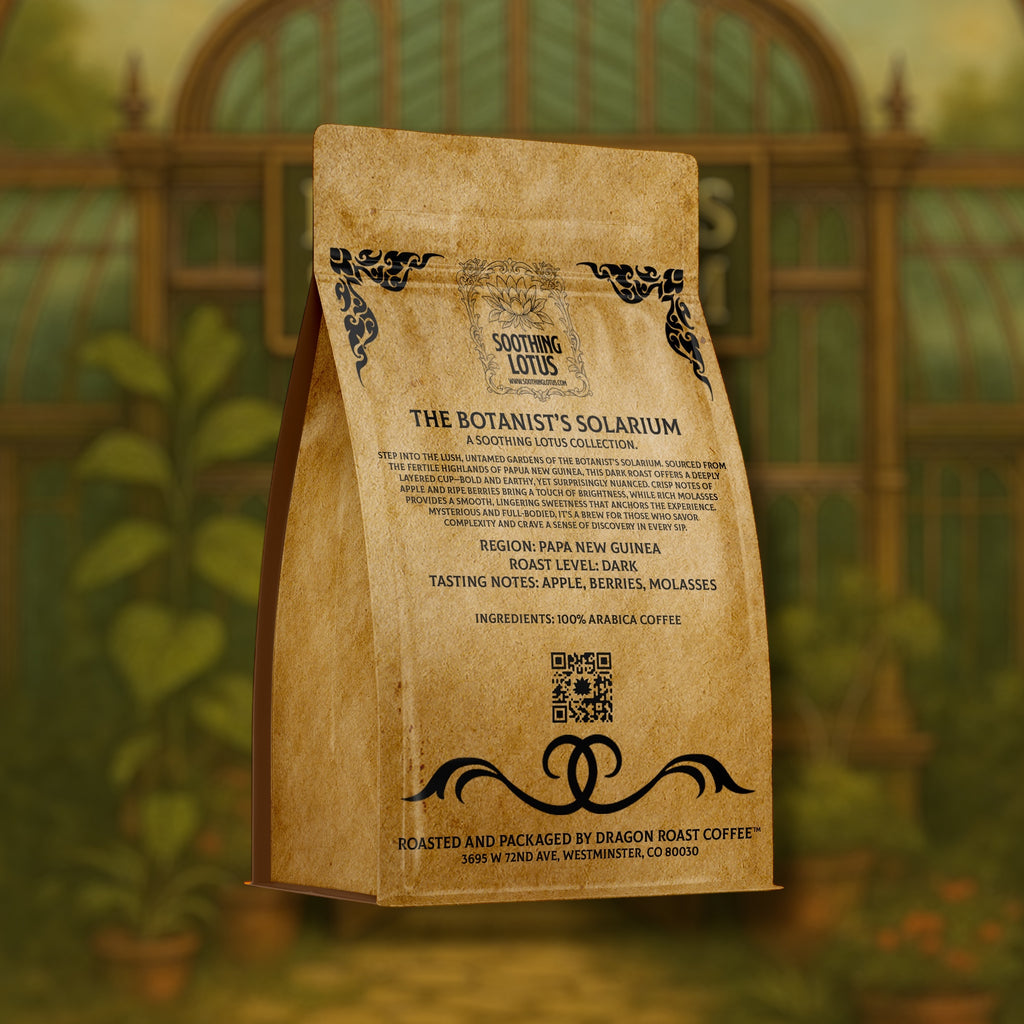 soothing lotus coffee bag with text and branding against a blurred garden background