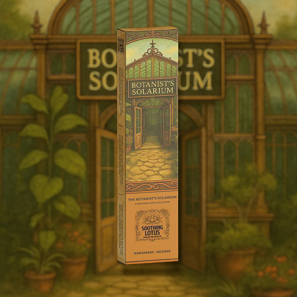 Botanist's Solarium incense packaging in front of a greenhouse-like setting