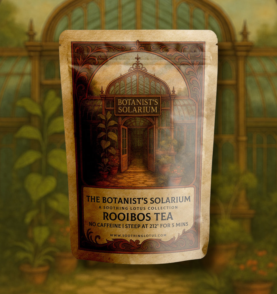 soothing lotus Tea package with 'The Botanist's Solarium' branding against a botanical background