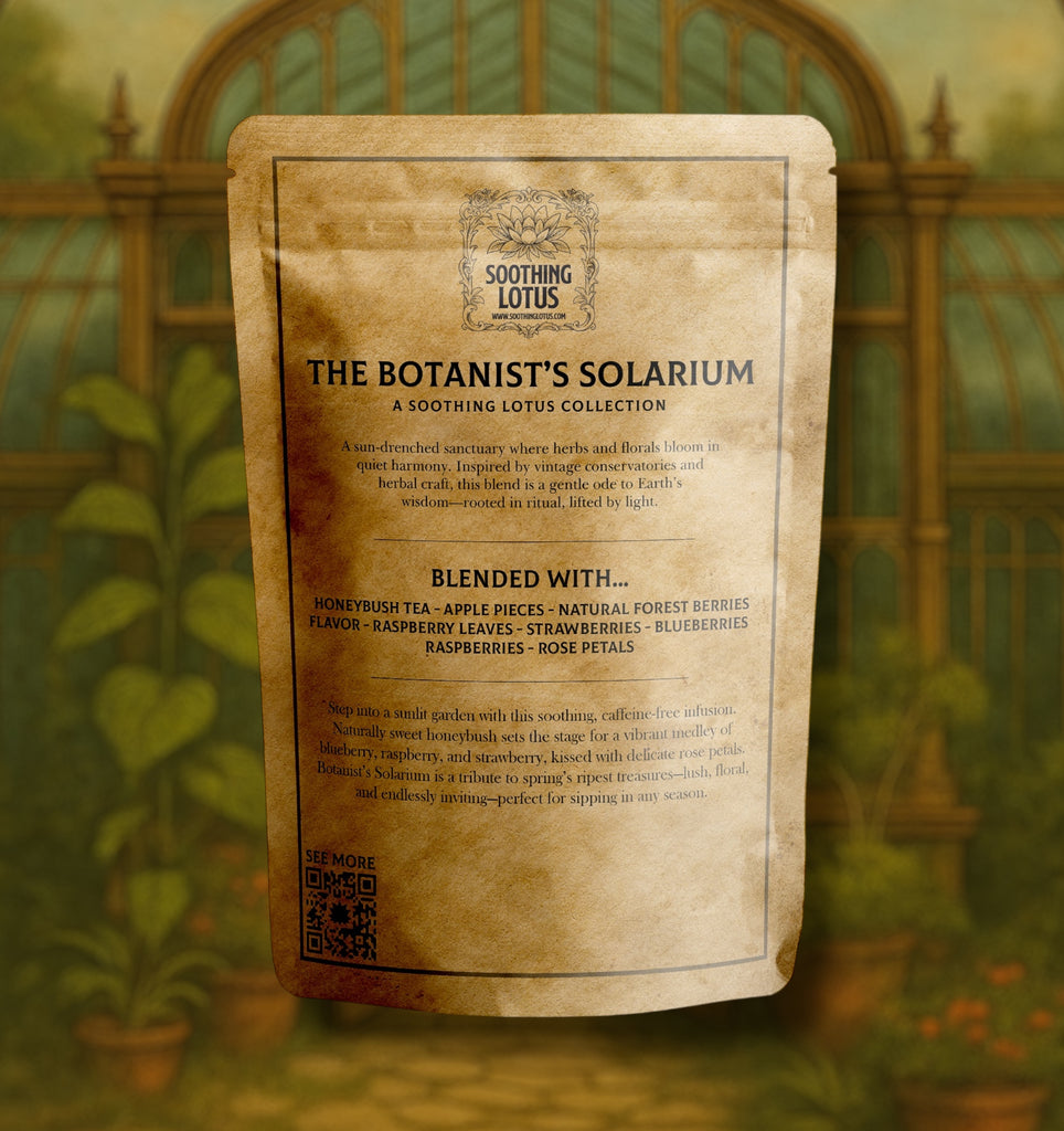 soothing lotus Tea package with 'The Botanist's Solarium' branding against a garden background