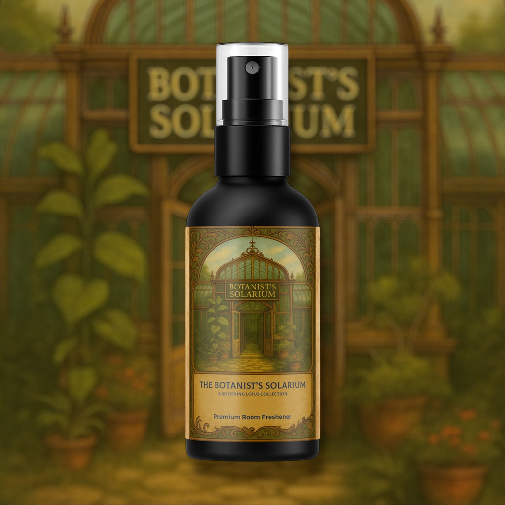 Bottle of 'The Botanist's Solarium' room freshener with a decorative greenhouse label against a blurred botanical garden background.