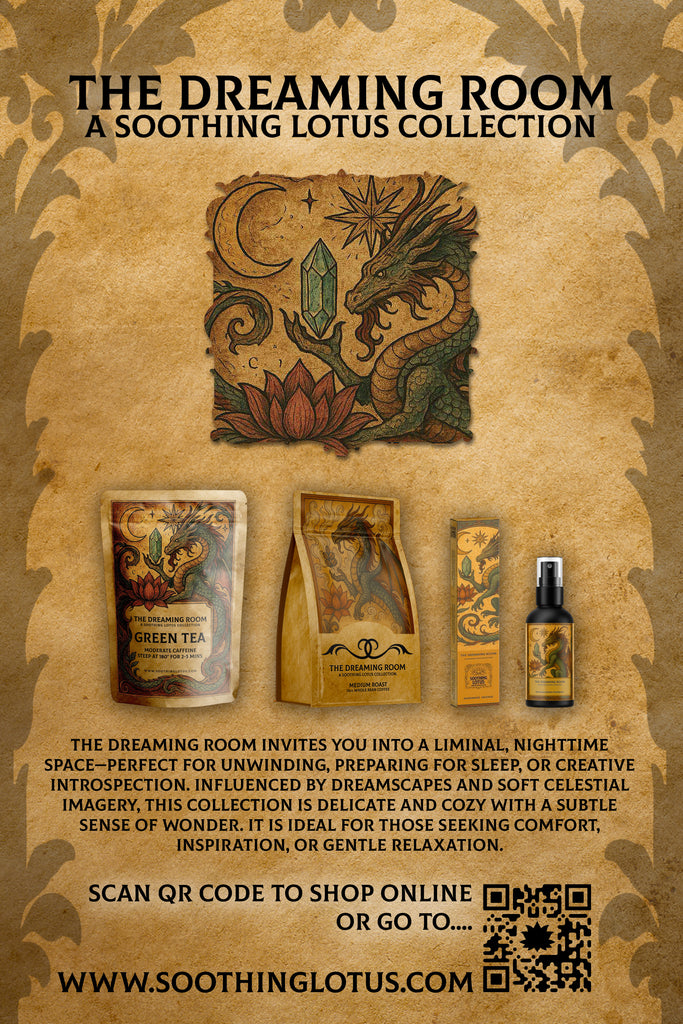 Advertisement for 'The Dreaming Room' soothing lotus collection with dragon and lotus design on a textured brown background.