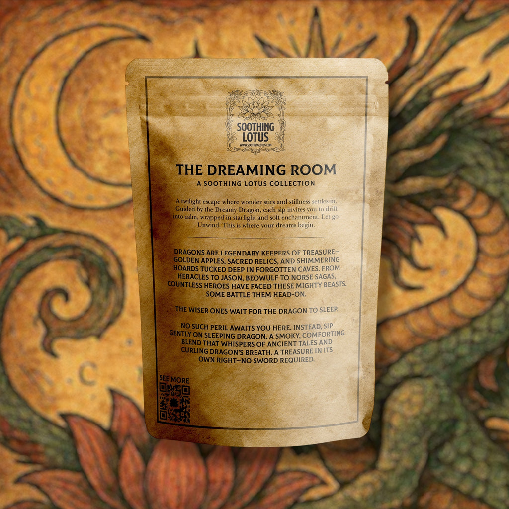 Soothing Lotus product packaging with dragon design in the background