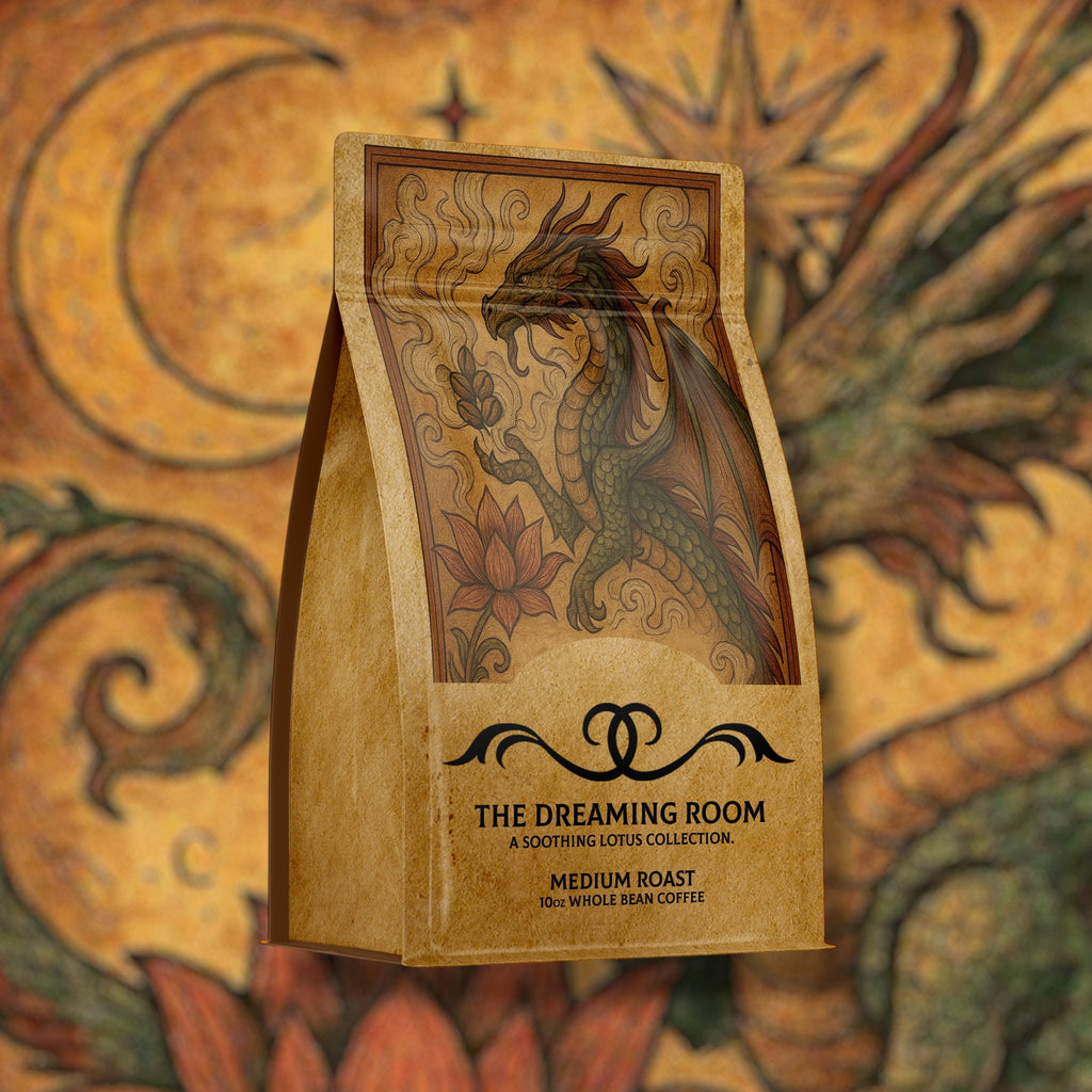 soothing lotus Coffee package with dragon design and 'The Dreaming Room' branding against a colorful dragon background.