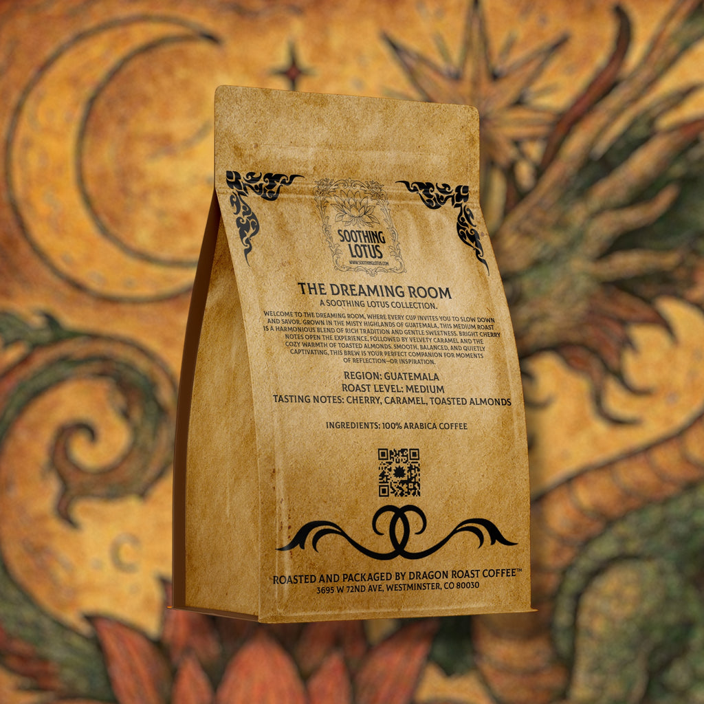soothing lotus coffee bag with text and branding on a decorative background