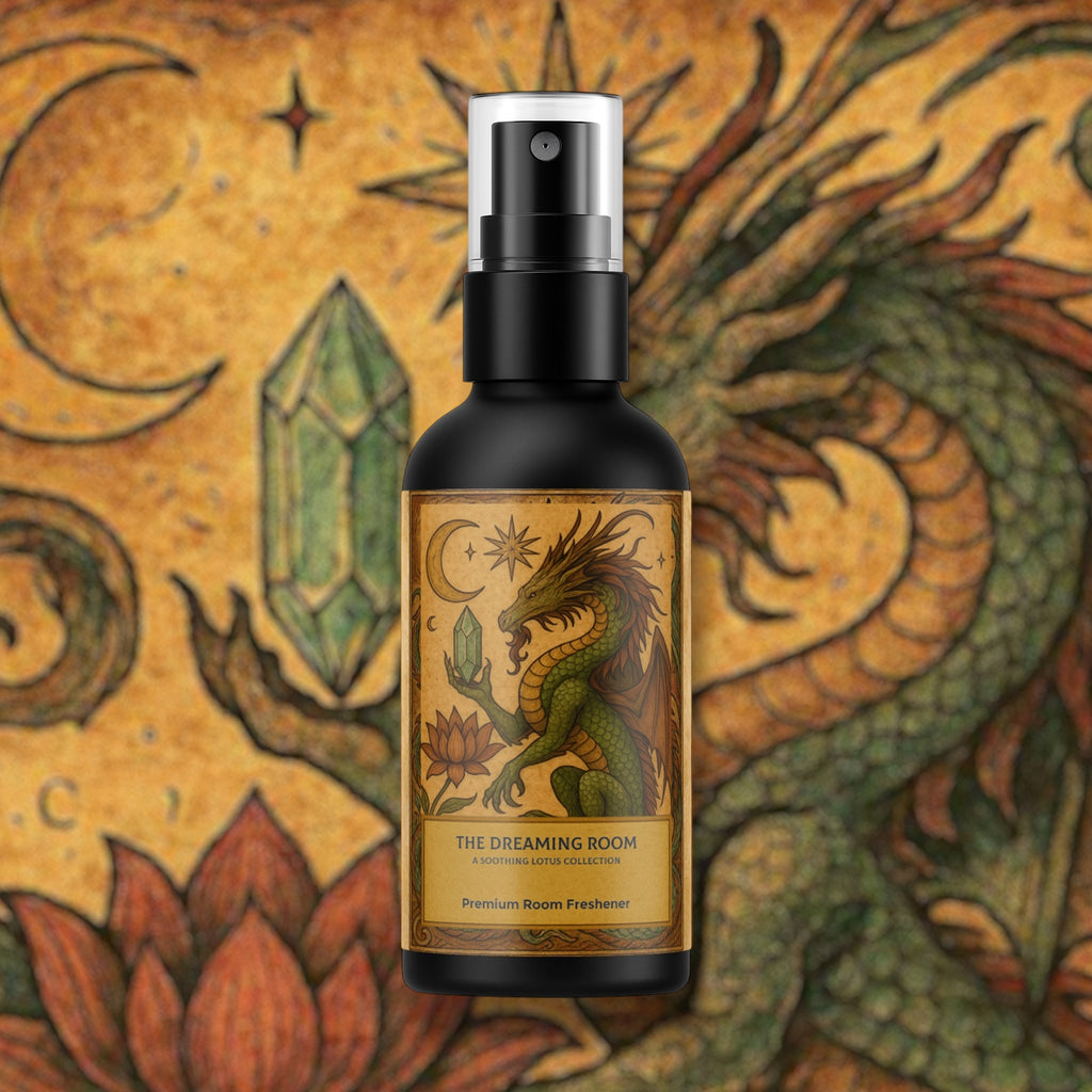 Room freshener bottle with dragon design label on a decorative background