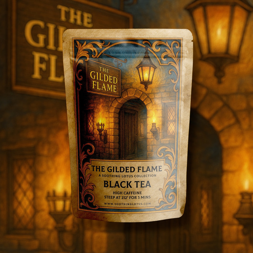soothing lotus Tea bag packaging for 'The Gilded Flame' black tea with decorative design on a stone wall background.