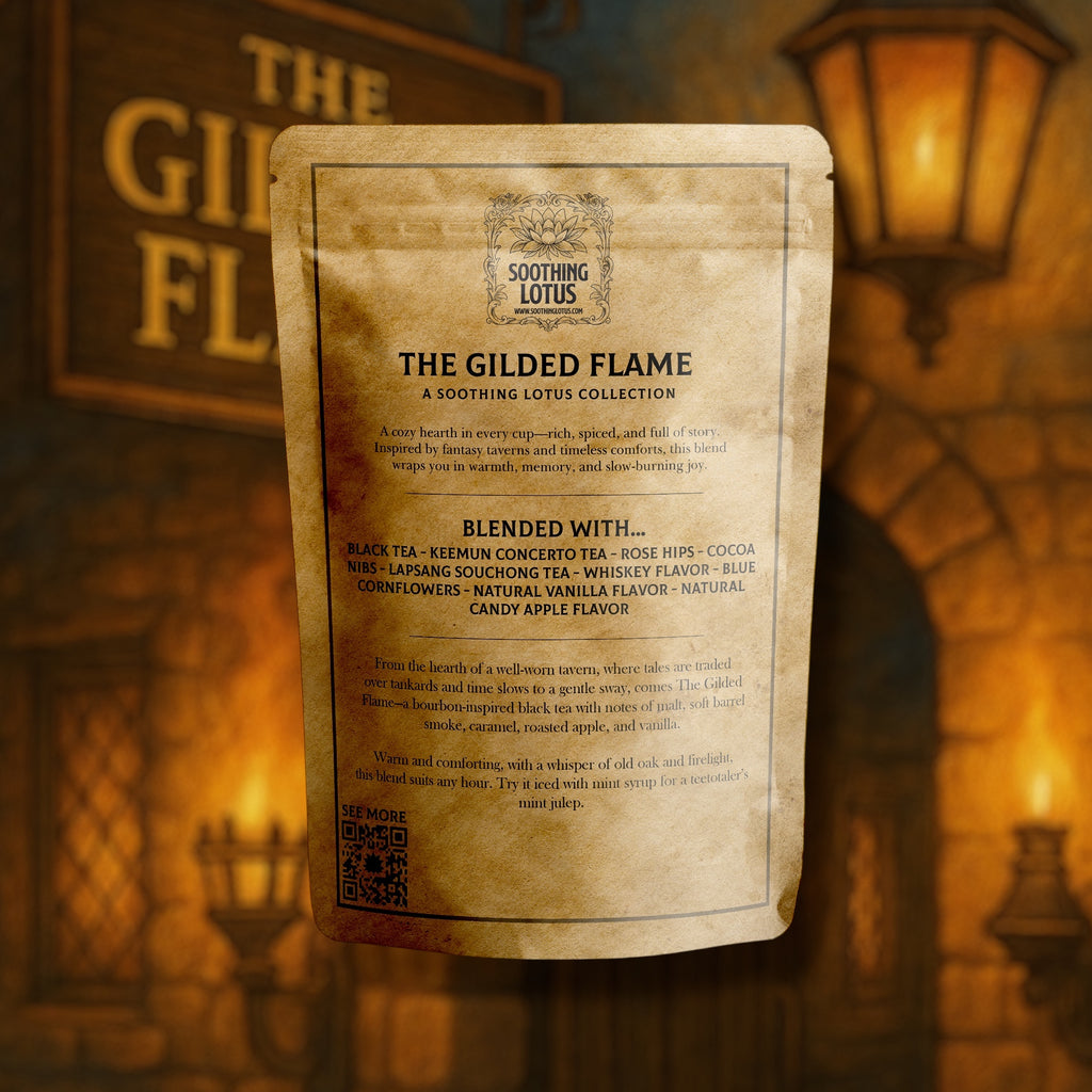 Tea package labeled 'The Gilded Flame' from the Soothing Lotus Collection against a warm, blurred background.