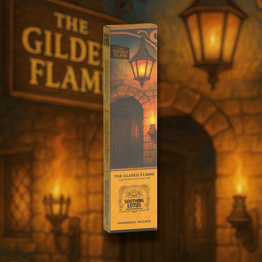 Box of 'The Gilded Flame' by Soothing Lotus incense with a stone wall and lantern in the background