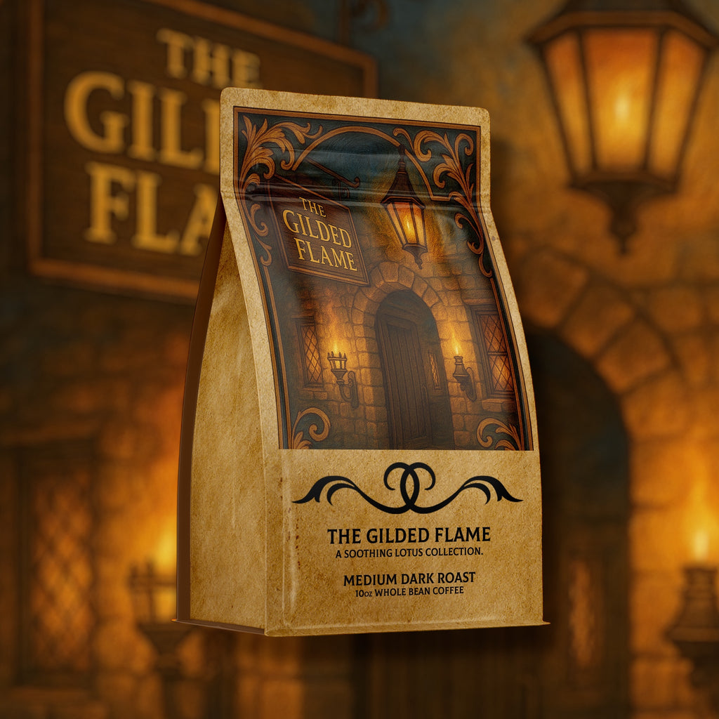 Soothing Lotus Coffee package labeled 'The Gilded Flame' against a warm, rustic background.