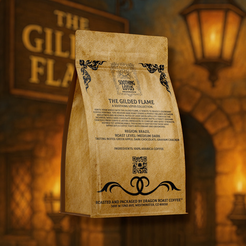 soothing lotus coffee bag with text and branding on a warm, blurred background
