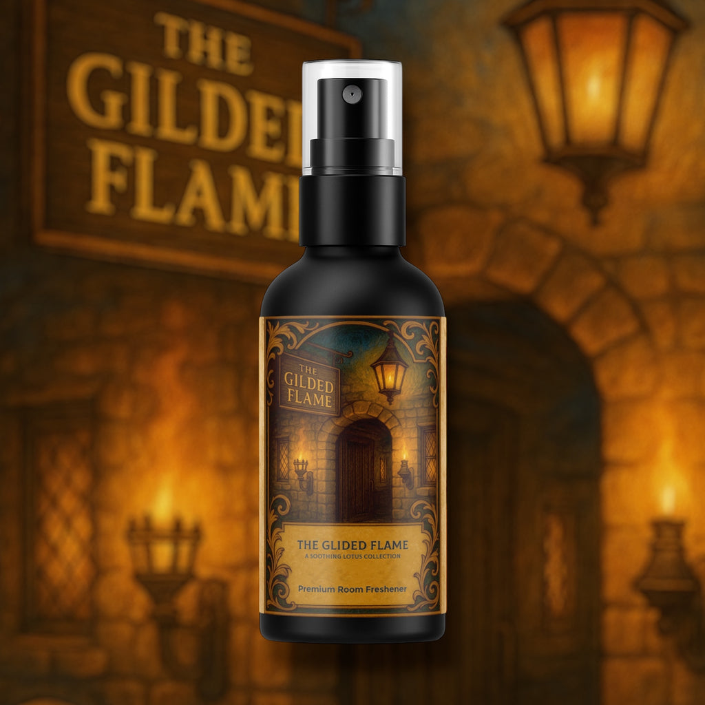 Bottle of 'The Gilded Flame' room freshener with decorative label against a warm, rustic background.