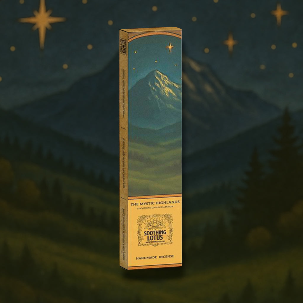 Incense packaging with mountain and star design on a dark background
