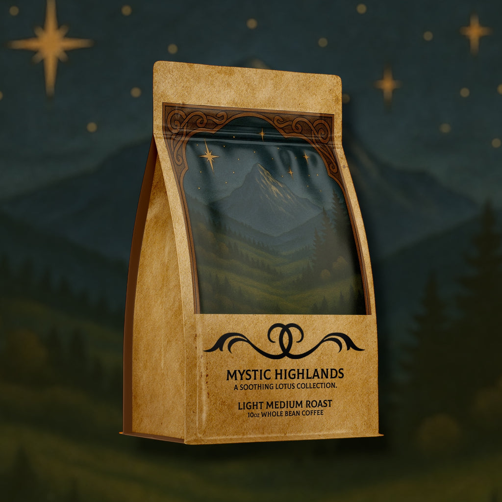 Mystic Highlands coffee package with a starry night background soothing lotus