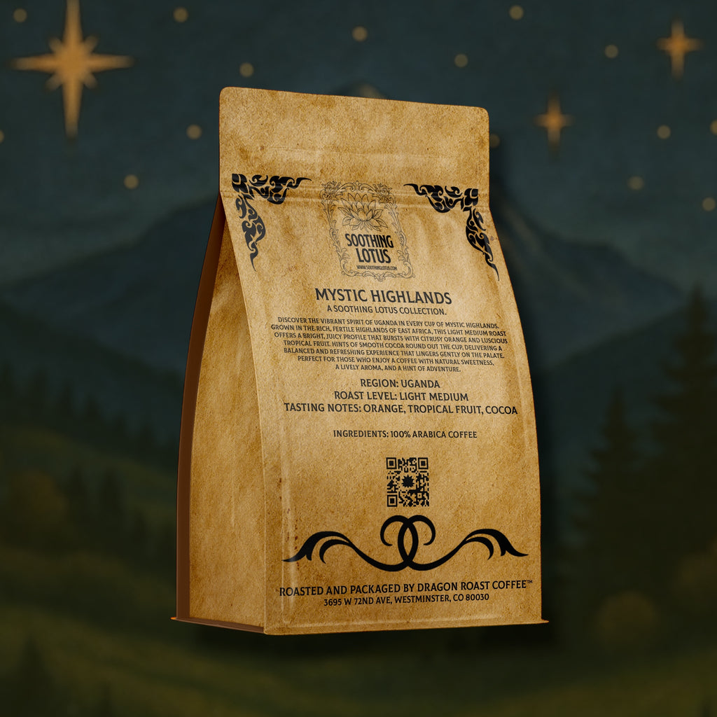 soothing lotus coffee bag with text and branding on a dark, starry background