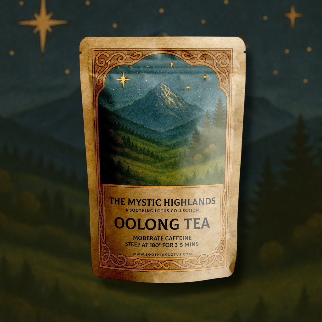 soothing lotus Oolong tea package with mountain and forest design on a dark background