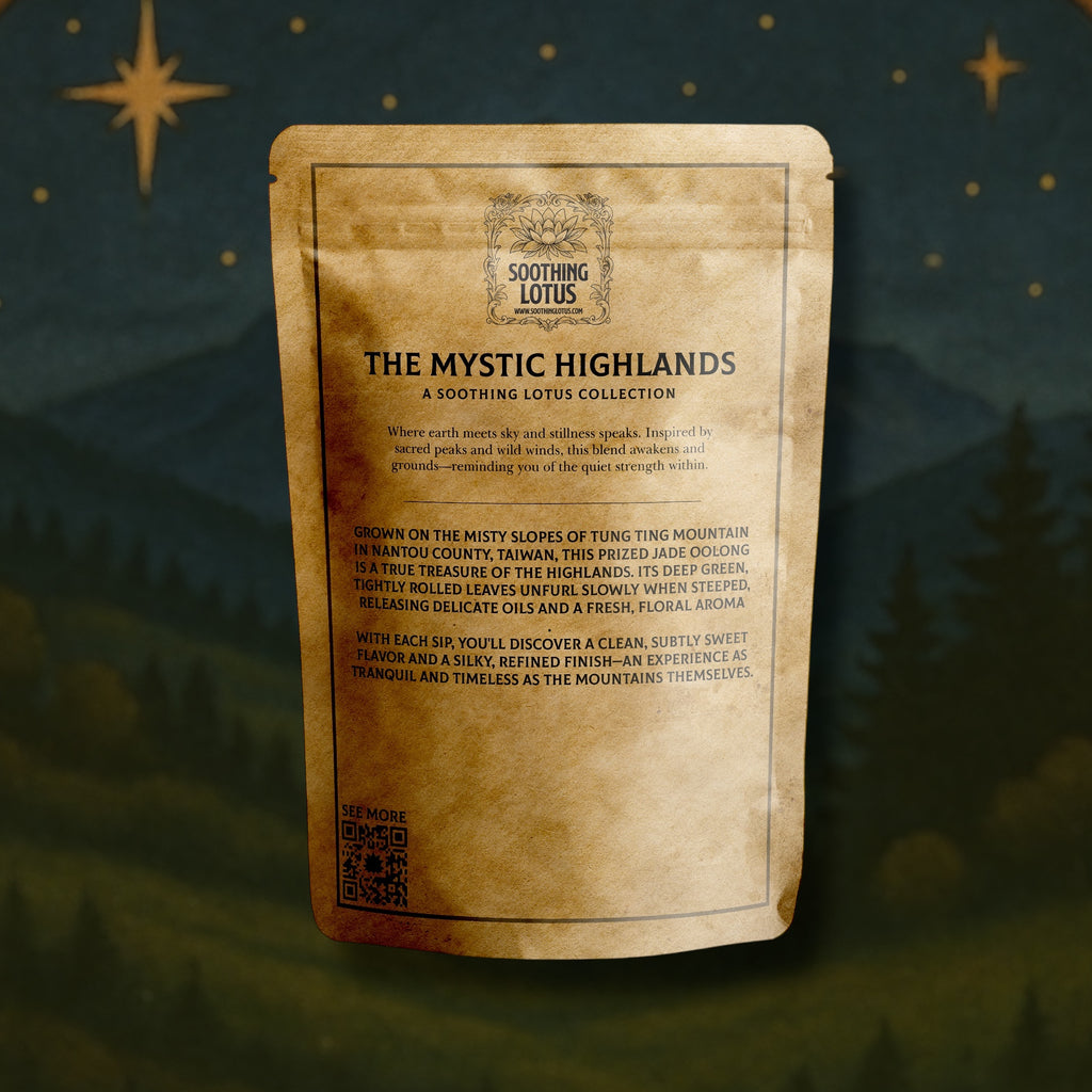 soothing lotus Tea package with 'The Mystic Highlands' branding on a dark background