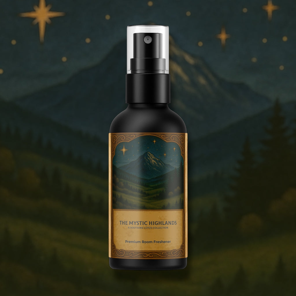 Room freshener bottle with a mountain label against a night sky with stars and mountains background