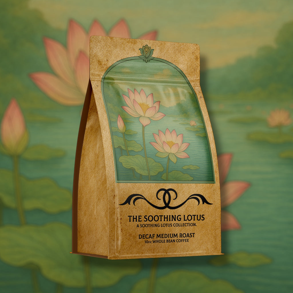 soothing lotus Coffee package with lotus design on a green background