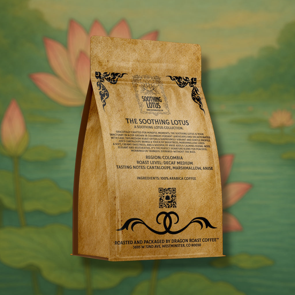 soothing lotus coffee bag with text on a lily pad background