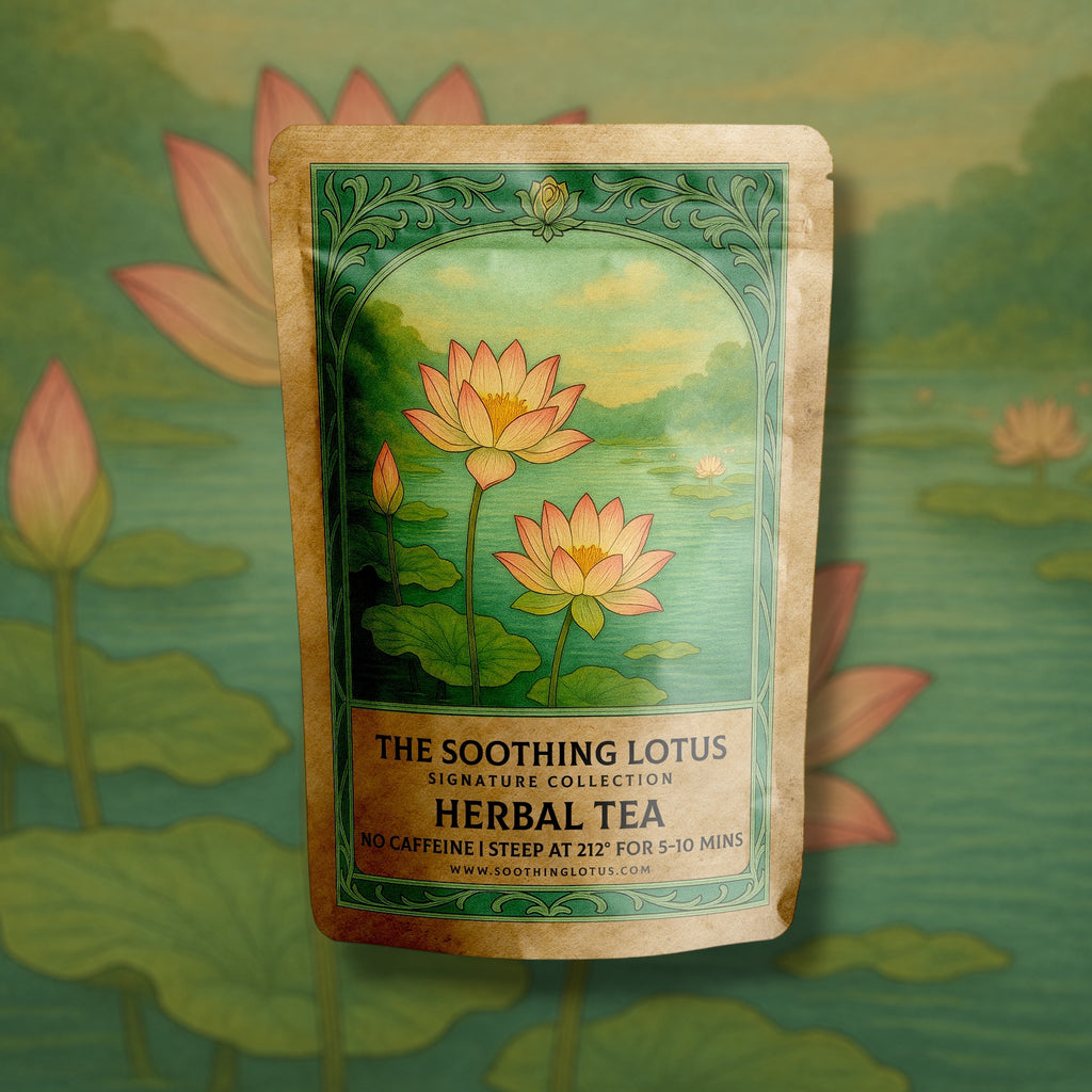 Soothing Lotus Herbal tea package with lotus design on a matching background