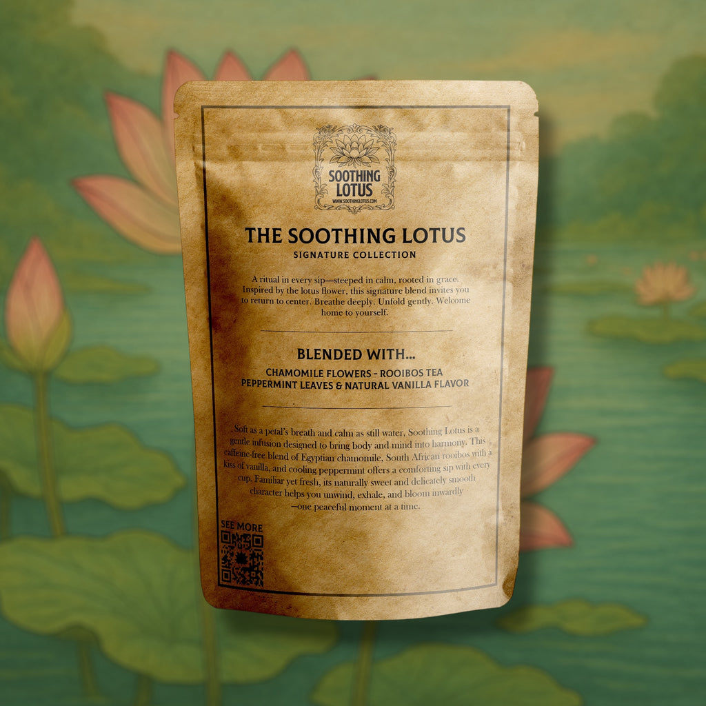 soothing lotus Tea package labeled 'The Soothing Lotus' with a lotus flower background