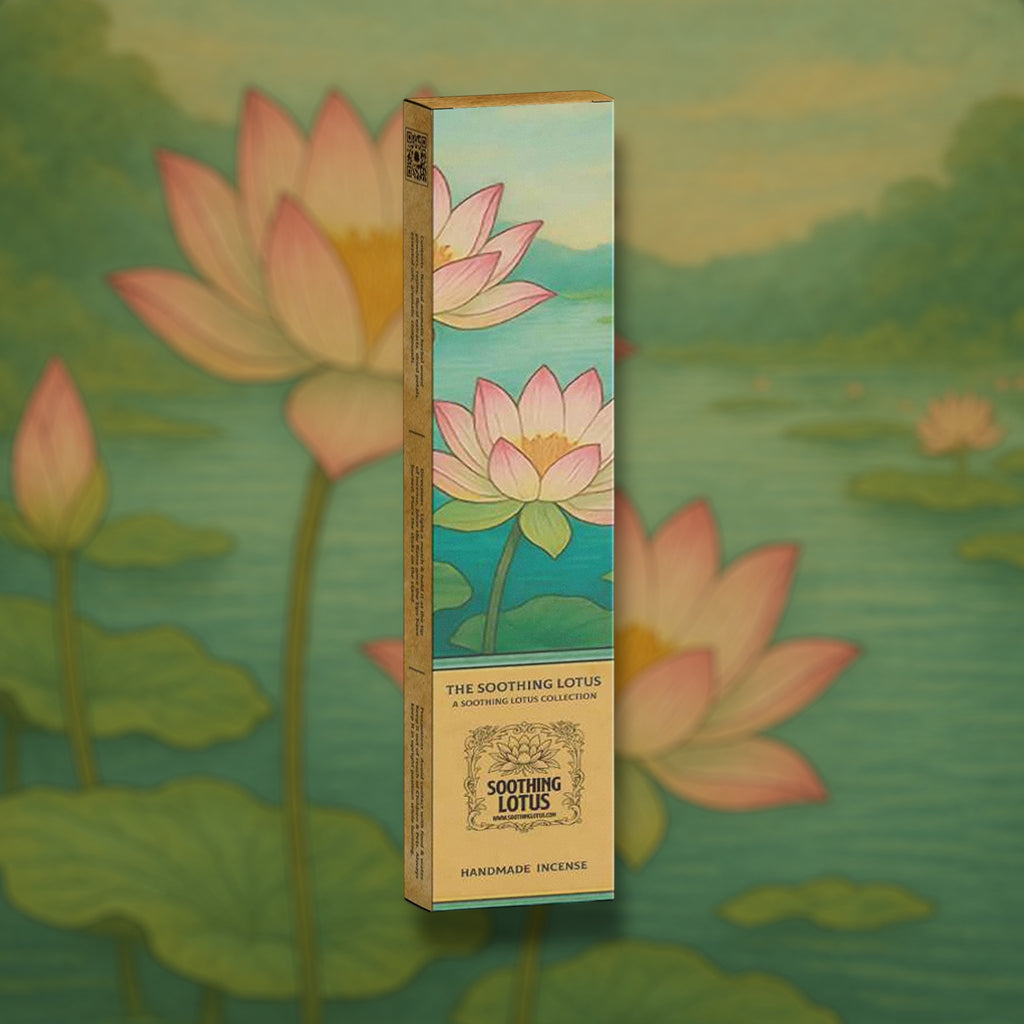 Soothing Lotus Incense packaging with lotus design on a scenic background