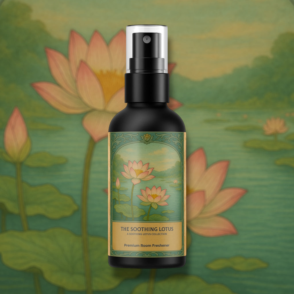 Bottle of 'The Soothing Lotus' room freshener with a lotus flower design on a scenic background.