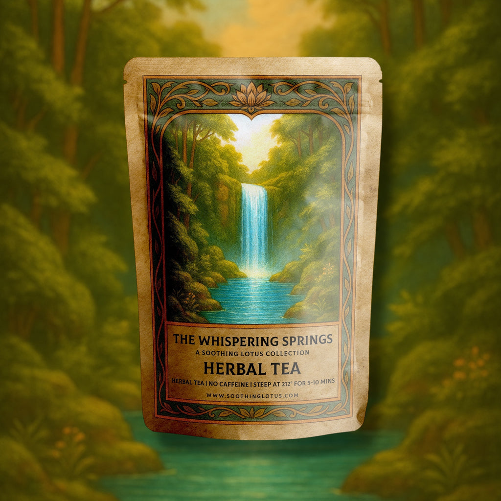 Tea soothing lotus package with a scenic design of a waterfall in a forest on a blurred forest background