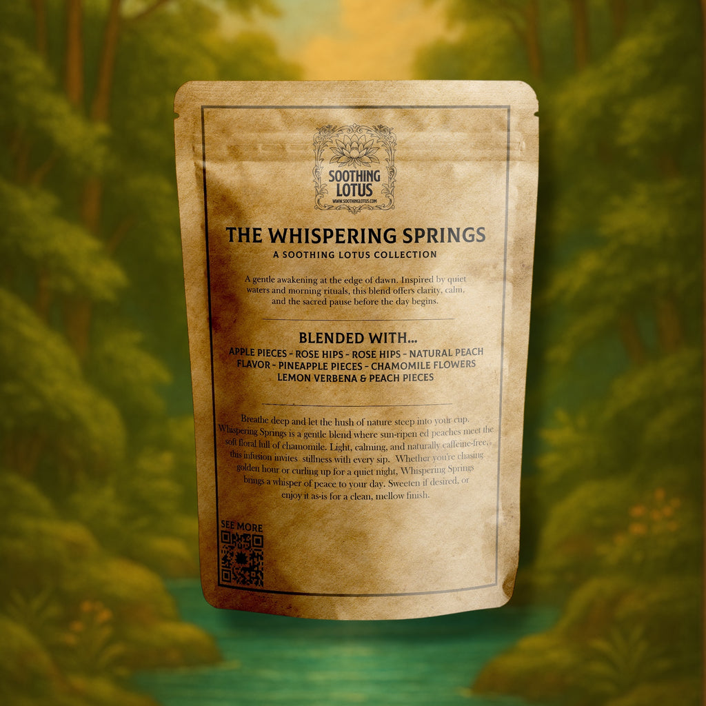 Tea package labeled 'The Whispering Springs' from the Soothing Lotus Collection against a blurred natural background.