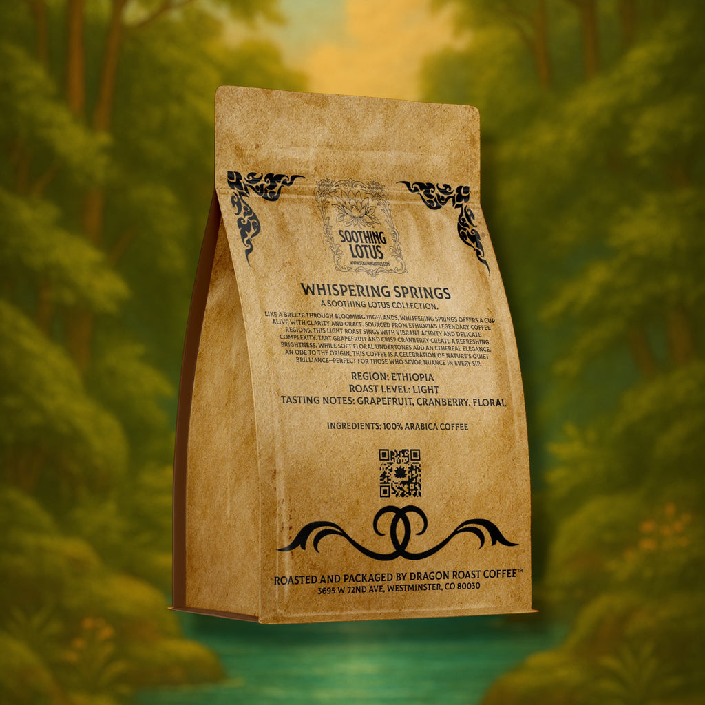 soothing lotus coffee bag with text and branding on a blurred forest background