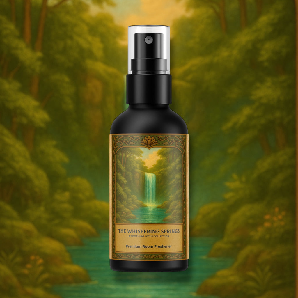 Room freshener bottle with decorative label against a forest background