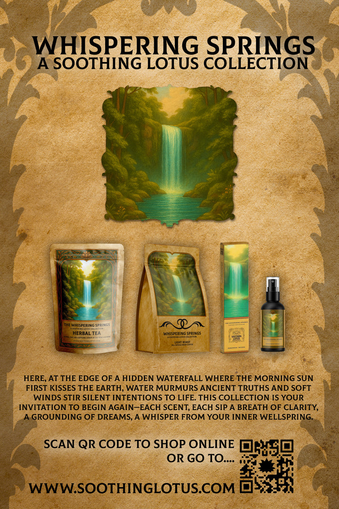 Advertisement for 'Whispering Springs' lotus collection with packaging and a waterfall illustration on a textured background.